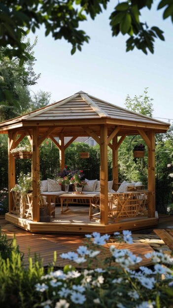 Photo a serene wooden gazebo surrounded by lush greenery and blooming flowers in midsummer