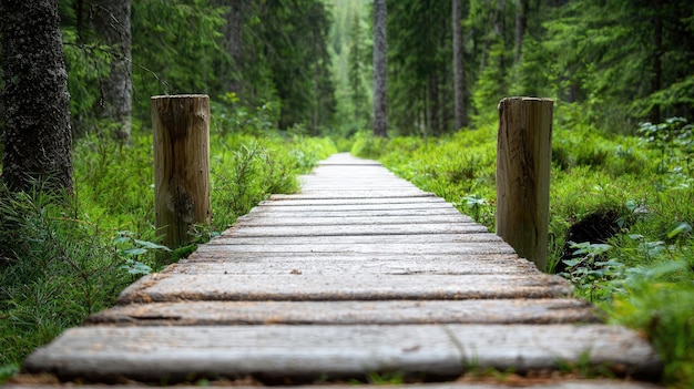 Photo a serene wooden path through a lush green forest inviting exploration and embracing nature39s tranquility