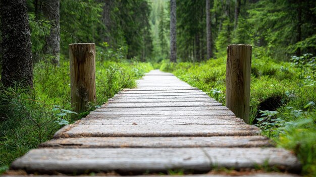 Photo a serene wooden path through a lush green forest inviting exploration and embracing nature39s tranquility