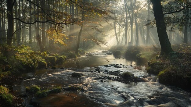 Photo a serene woodland stream sunlight filtering through the trees creating a magical atmosphere professional commercial photography ar 169 style raw stylize 250 job id fabeaa7c4d8646e0aafaf33075861eb0