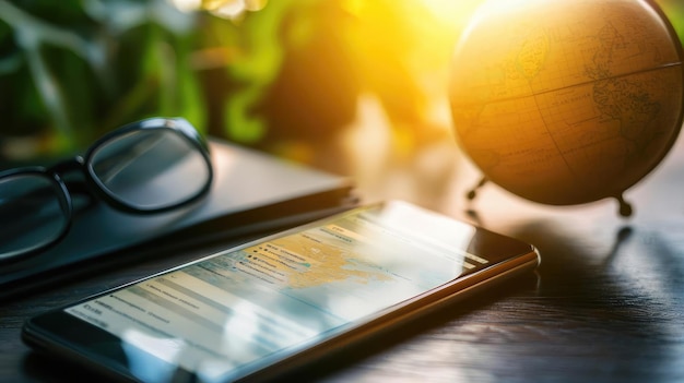 Photo a serene workspace featuring a smartphone glasses and a globe illuminated by soft sunlight for a productive atmosphere