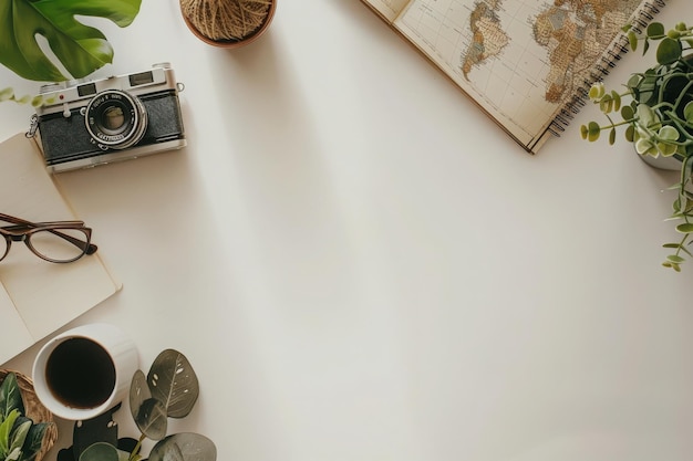 A serene workspace showcases a vintage camera beside a world map accompanied by a journal coffee and fresh plants inviting exploration and creativity