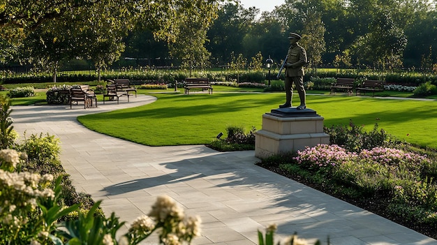 Serene World War 1 memorial garden statue of soldier bench visitor surrounded manicured lawn