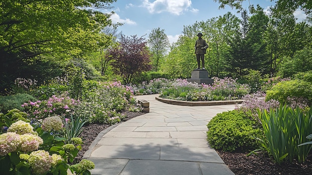 Serene World War 1 memorial garden stone pathway leading statue of soldier surrounded blooming plant