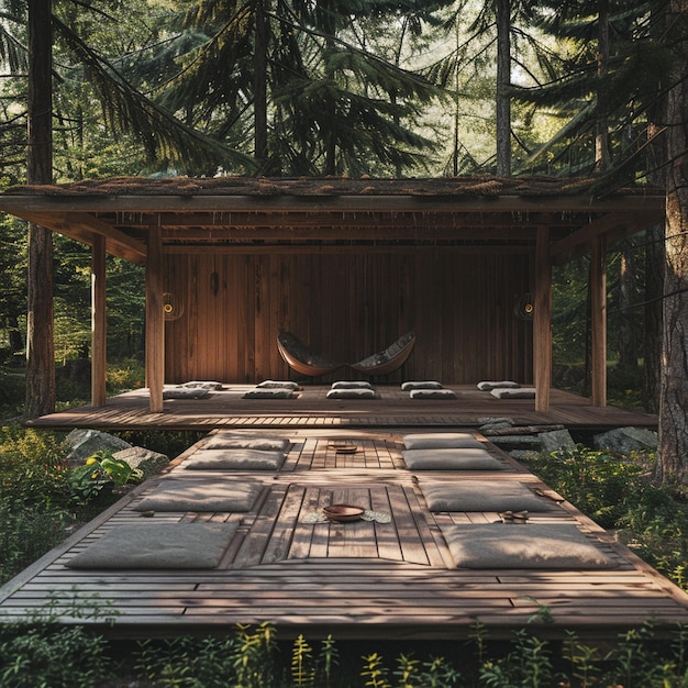 Serene Yoga Retreat on Wooden Deck in Forest