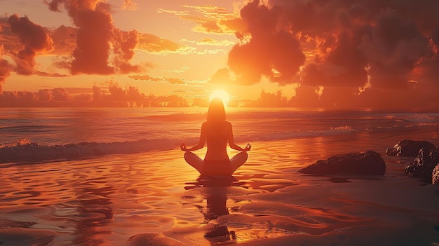 Photo a serene yoga session on a beach at dawn concept of wellness and mindfulness generative ai