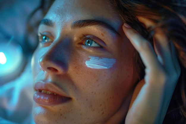 Serene Young Woman Applying AntiAging Night Cream in Soft Bedroom Lighting