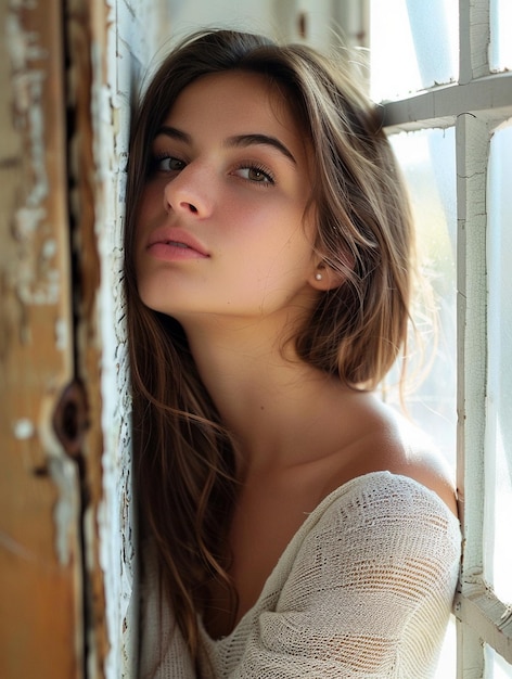 Serene Young Woman by Sunlit Window Natural Beauty and Tranquility