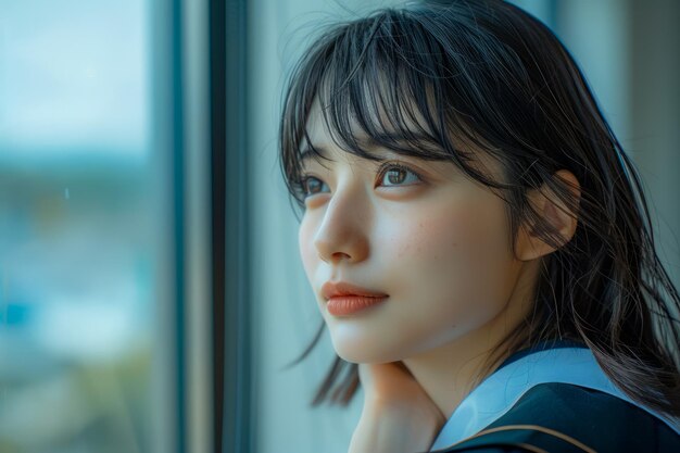 Serene Young Woman Gazing Through Window in Natural Light Portraiture of Tranquil Beauty with a