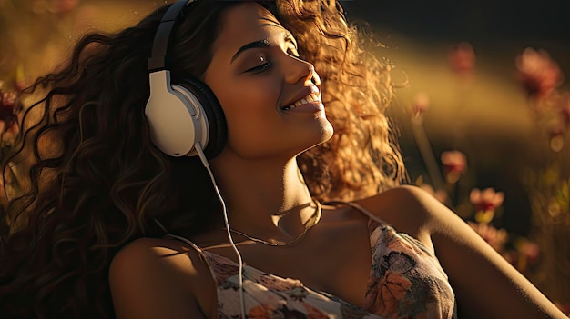 A serene young woman lost in the music wearing headphones during the magical golden hour sunlight