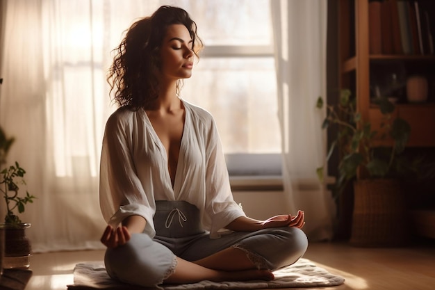 A serene young woman meditating at home promoting wellbeing and mindfulness Generative Ai