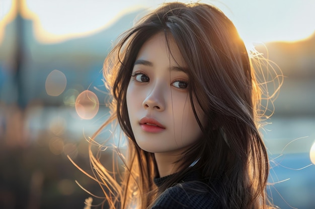 Serene Young Woman Portrait with Golden Hour Light and Cityscape in Background CloseUp of