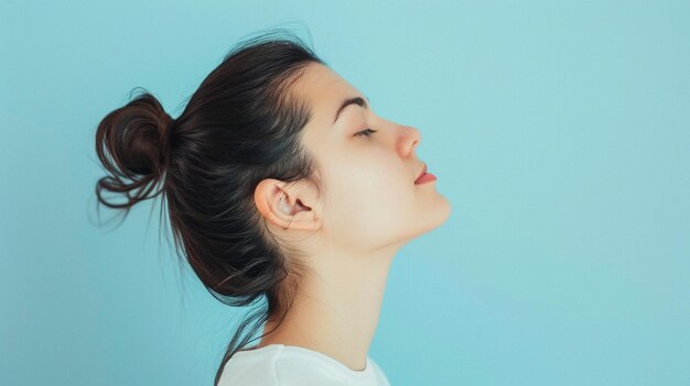 Serene Young Woman Relaxing Against Blue Background Wellness and Tranquility Concept