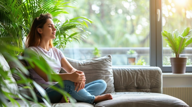 Serene Young Woman Relaxing Next to Indoor Plants in Cozy Living Room with Sunlight Streaming