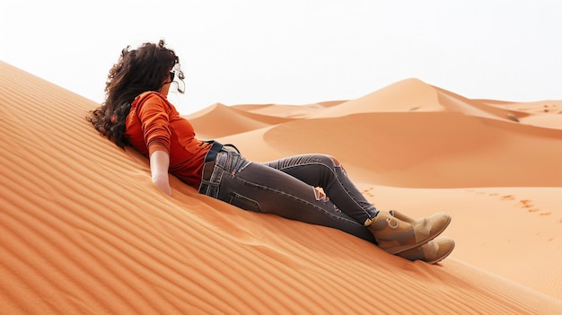 Photo serene young woman relaxing in sahara desert sand dune