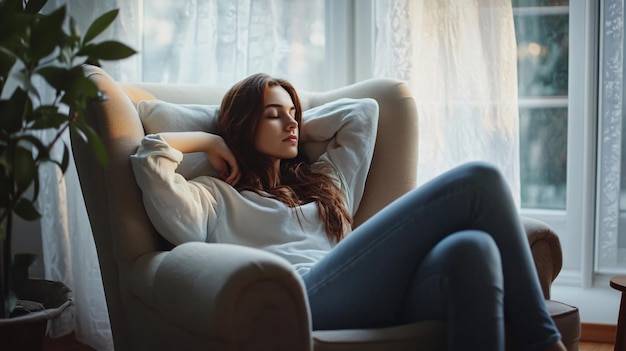 Photo serene young woman relaxing in stylish armchair at home