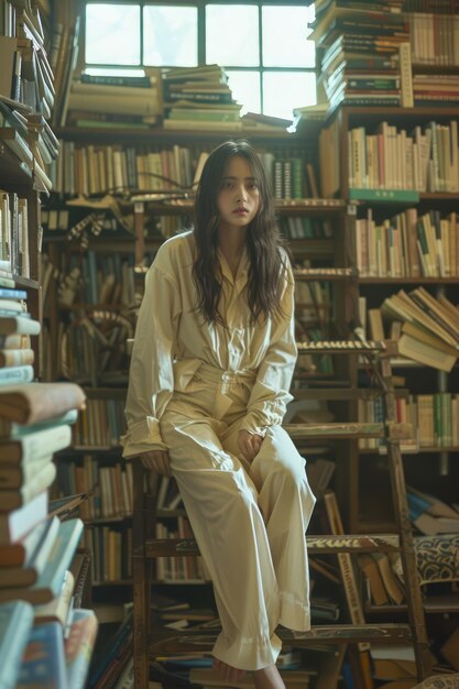 Serene Young Woman Sitting in Vintage Library Surrounded by Stacks of Old Books