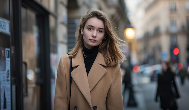 Serene young woman strolling through city at twilight