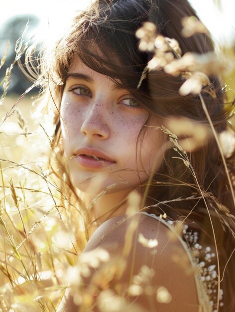 Serene Young Woman in Sunlit Meadow