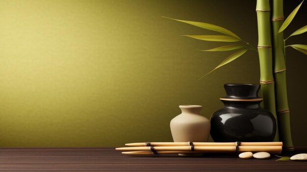 Serene Zen Bamboo Setup with Ceramic Vases on Wood