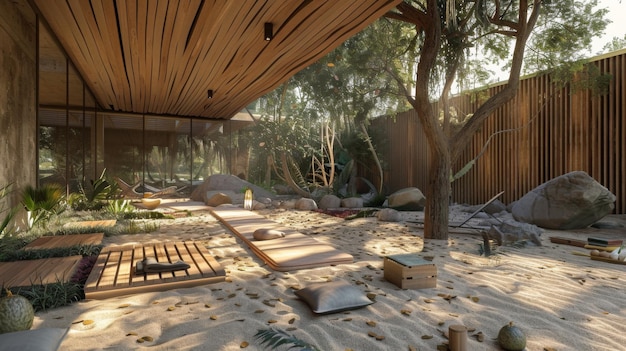 Serene zen garden at dusk with sand and boulders