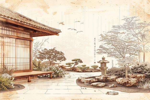 Serene Zen Garden in Traditional Japanese Style with Symmetrical Art