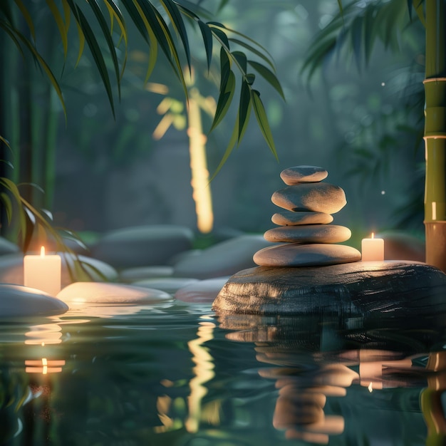 Photo serene zen garden with bamboo stacked stones and candles relaxing tranquil atmosphere perfect