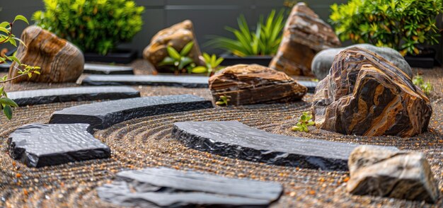 Photo serene zen garden with carefully arranged large stones and lush green plants