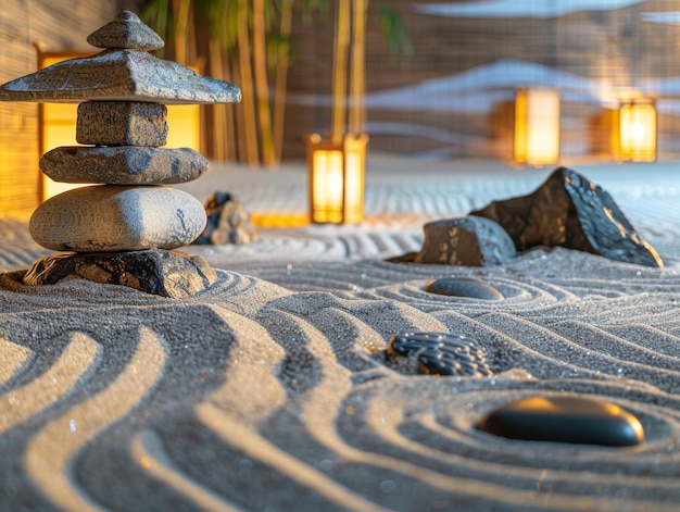 Photo serene zen garden with raked sand stones and lanterns tranquility and peacefulness in a minimalist landscape