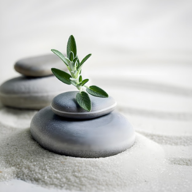 Photo serene zen stones with sage sprig on white sand tranquil natural still life