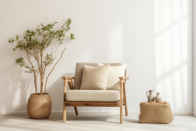 Serenely Styled Beige Burlap Lounge Chair Against White Wall with Wooden Accents