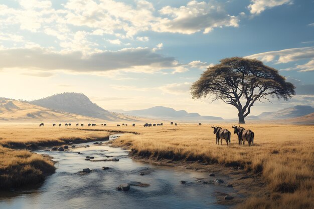 Serengeti Wildlife Photography Wildebeests Grazing by the River