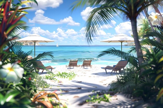 Serenity at the beach A perfect summer escape with cozy chairs shady umbrellas and tropical vibes Concept Beach Getaway Cozy Chairs Shady Umbrellas Tropical Vibes Summer Escape