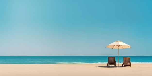 Serenity at the Beach Two Chairs and Umbrella on Sandy Shoreline Under Blue Sky