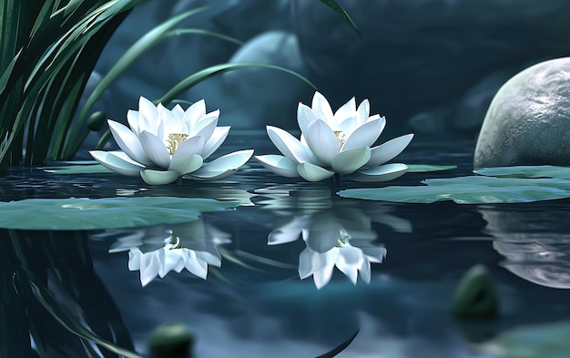 Serenity of blooming white lotus flowers reflected in tranquil waters under soft light in a peaceful natural environment