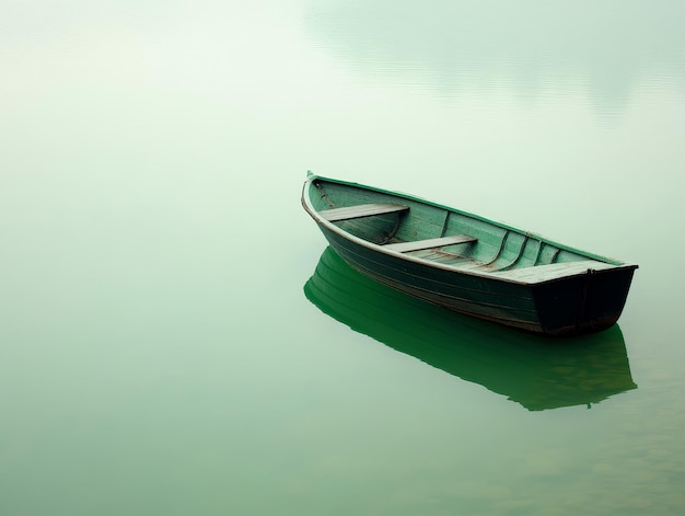 Serenity captured single boat peacefully adrift on calm green waters of a tranquil lake