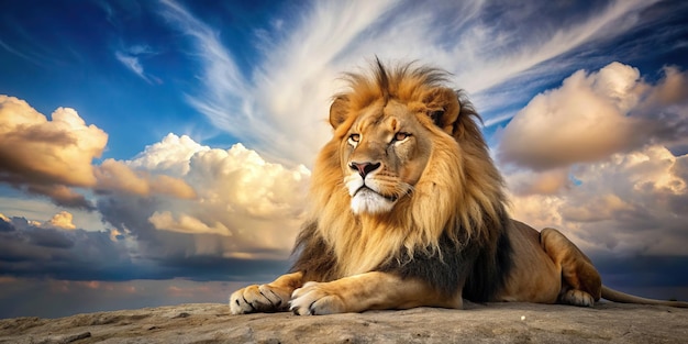 Serenity captured in a wideangle shot of a majestic lion at rest rest peaceful meditation regal powerful nature beauty big cat wildlifepeaceful animal wild grace calm