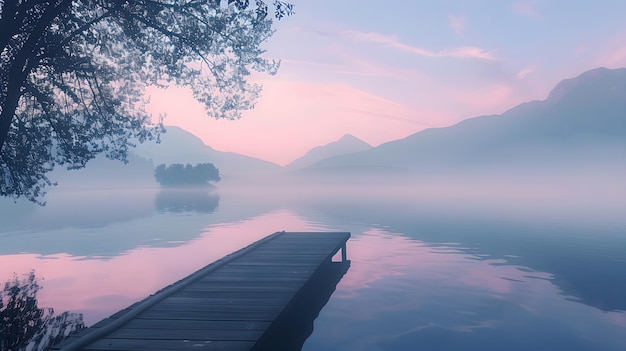 Photo serenity at dawn tranquil lakeside reflections with misty mountains and a soothing wooden dock