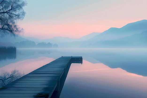 Photo serenity at dawn tranquil lakeside reflections with misty mountains and a soothing wooden dock