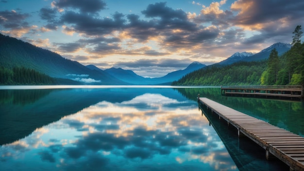 Serenity at Dusk A Majestic Pier and Tranquil Lake Embrace