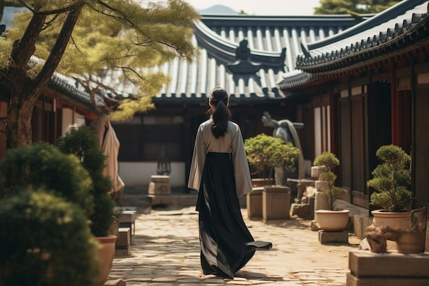 Serenity Explored Asian Woman in Hanbok at Temple Courtyard