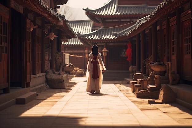 Serenity Explored Asian Woman in Hanbok at Temple Courtyard