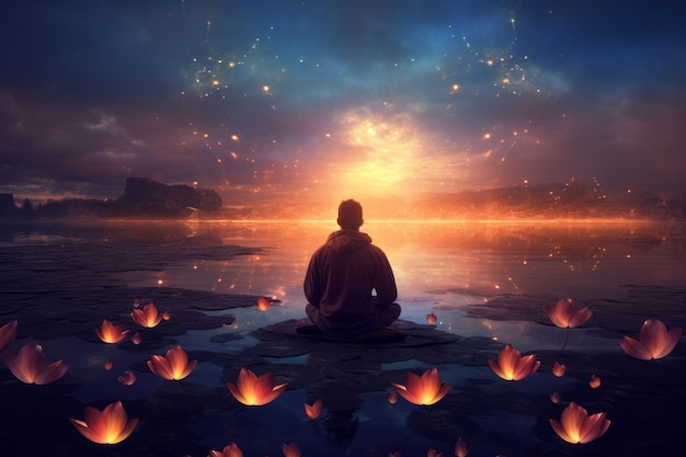 Serenity found a man in a lotus pose beneath a mesmerizing sky Generative AI