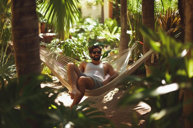 Photo serenity in nature man relaxing in palm tree hammock