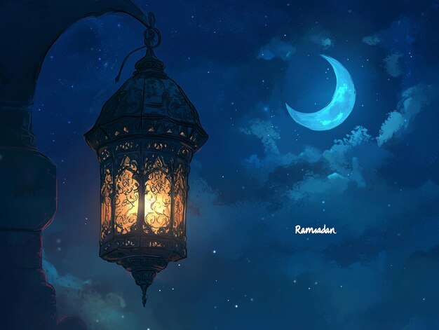 Photo serenity of ramadan a warm lantern illuminates the night skycrescent moon and stars