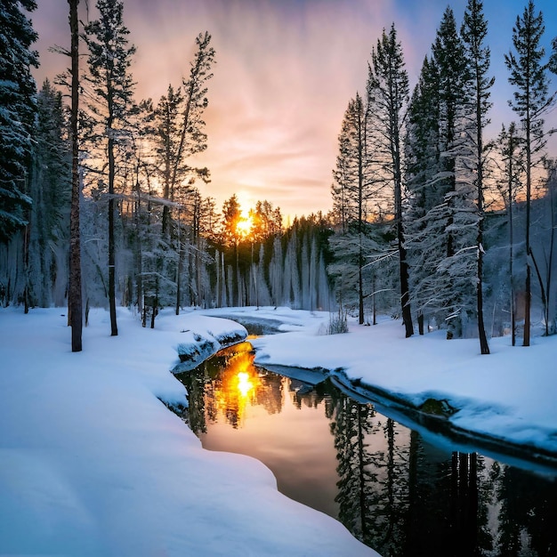 Serenity in snow tranquil lake among icy trees illuminated by sunlight