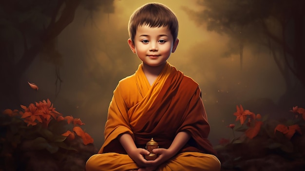 Serenity in Stillness Small Monk Embodying the Essence of Gautam Buddha