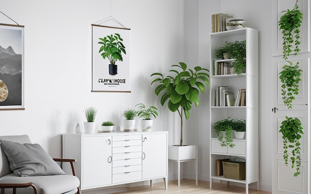 Serenity and Style Poster and Plant Adorn White Living Room with Ample Copy Space Realistically