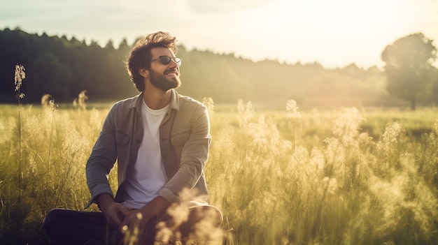 Serenity at Sunset Content Man Relaxing in a Meadow Ideal for Inspirational and Relaxation Concepts