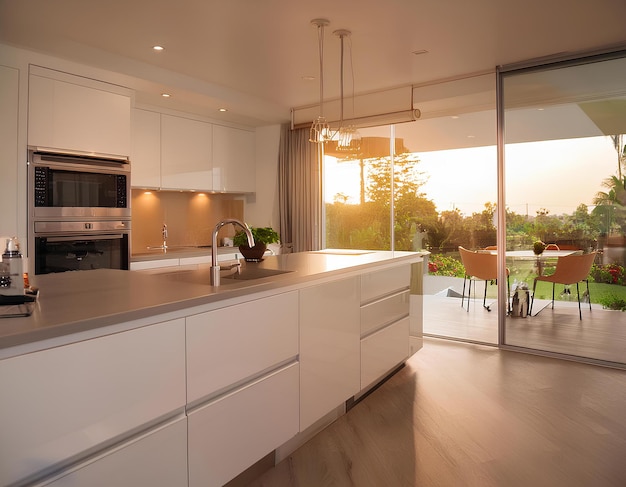 Serenity in Sunset Modern Minimalist Kitchen with Tranquil Garden View